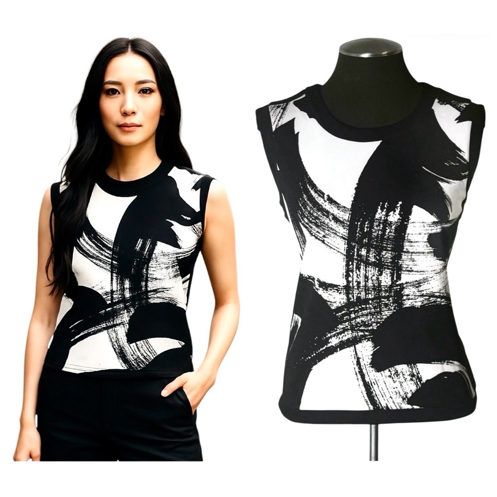 Worthington – Brushstroke Black and White Sleeveless Ponte Crop Top – Medium